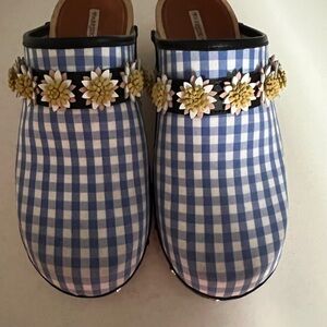 Fabrizio Viti New!! Chic Blue Gingham Mules with Floral Embellishments
